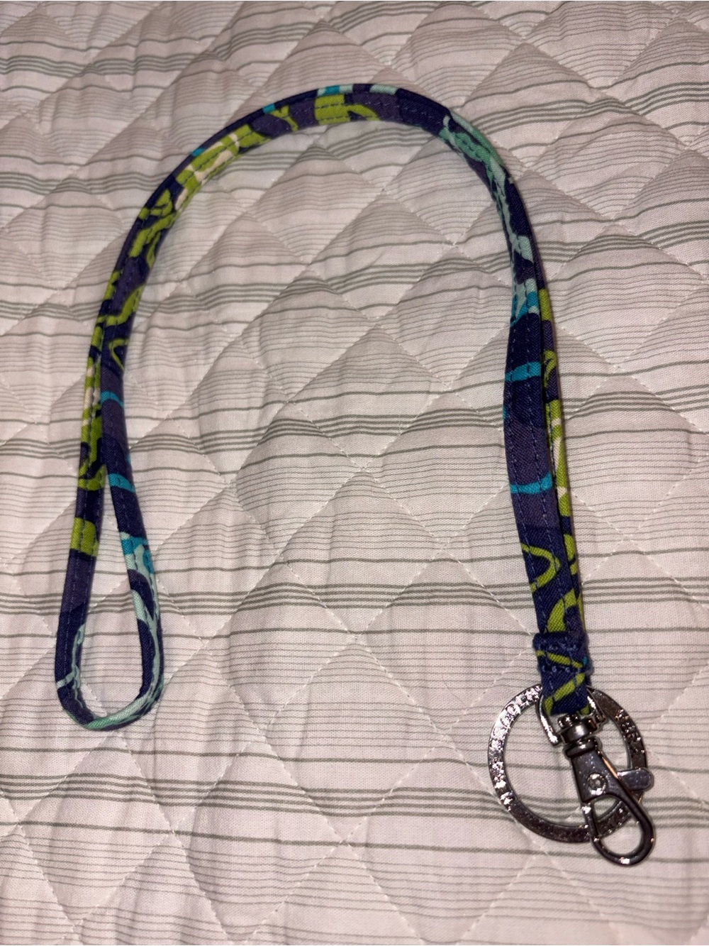 New Vera Bradley Blue & Green Fabric Lanyard with Silver Hardware